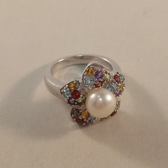 925 Silver Cherry Blossom Flower Pearl Diamond Zircon Ring Gorgeous Gift - Picture 5 of 8